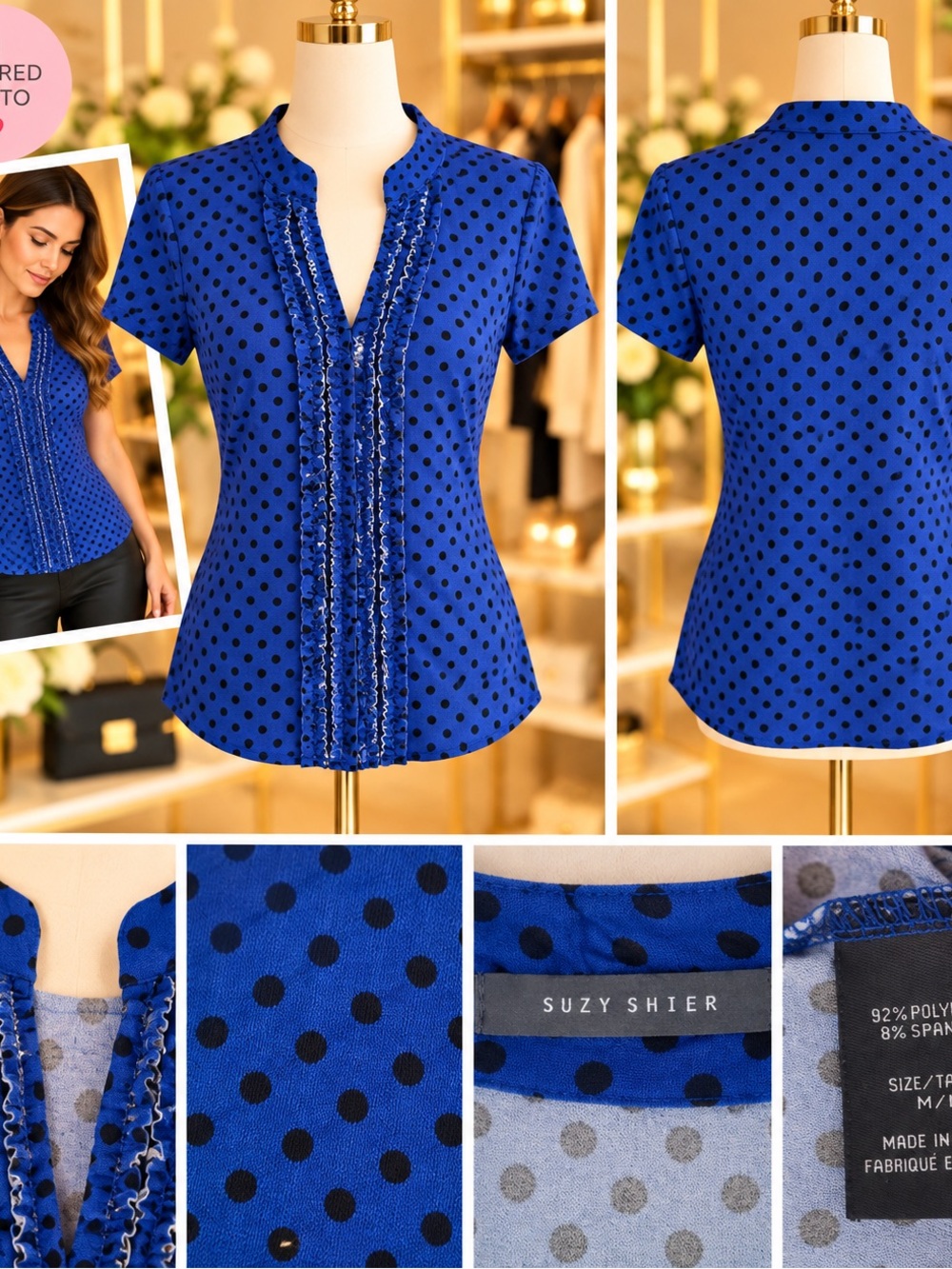 Suzy Shier Cobalt Blue with Black Polka Dot Ruffle V-Neck Top